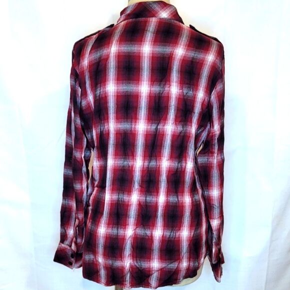 Sanctuary Dark Red Plaid Boyfriend Snap Button Shirt Size Small - Picture 2 of 7